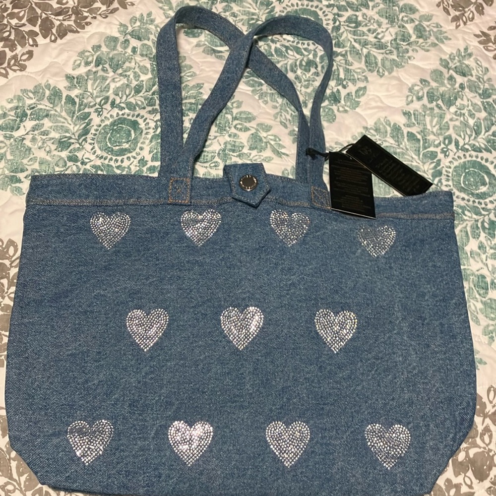 DG2 by Diane Gillman crystal hearts denim tote bag
